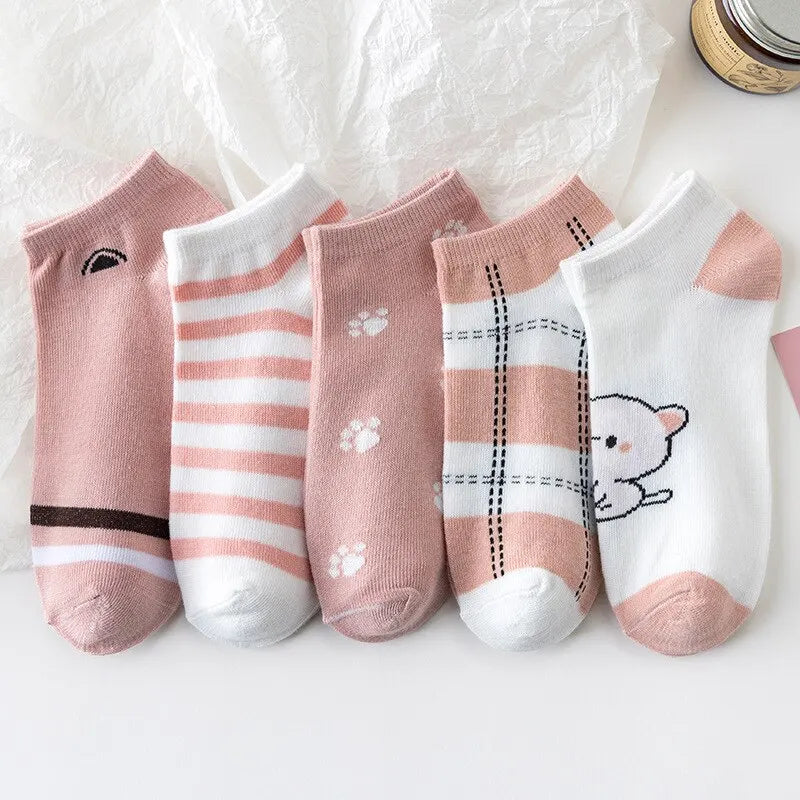 Meia Invisivel Pink Cat | 5 PARES de Meias Curtas Com Estampa de Gatinhos